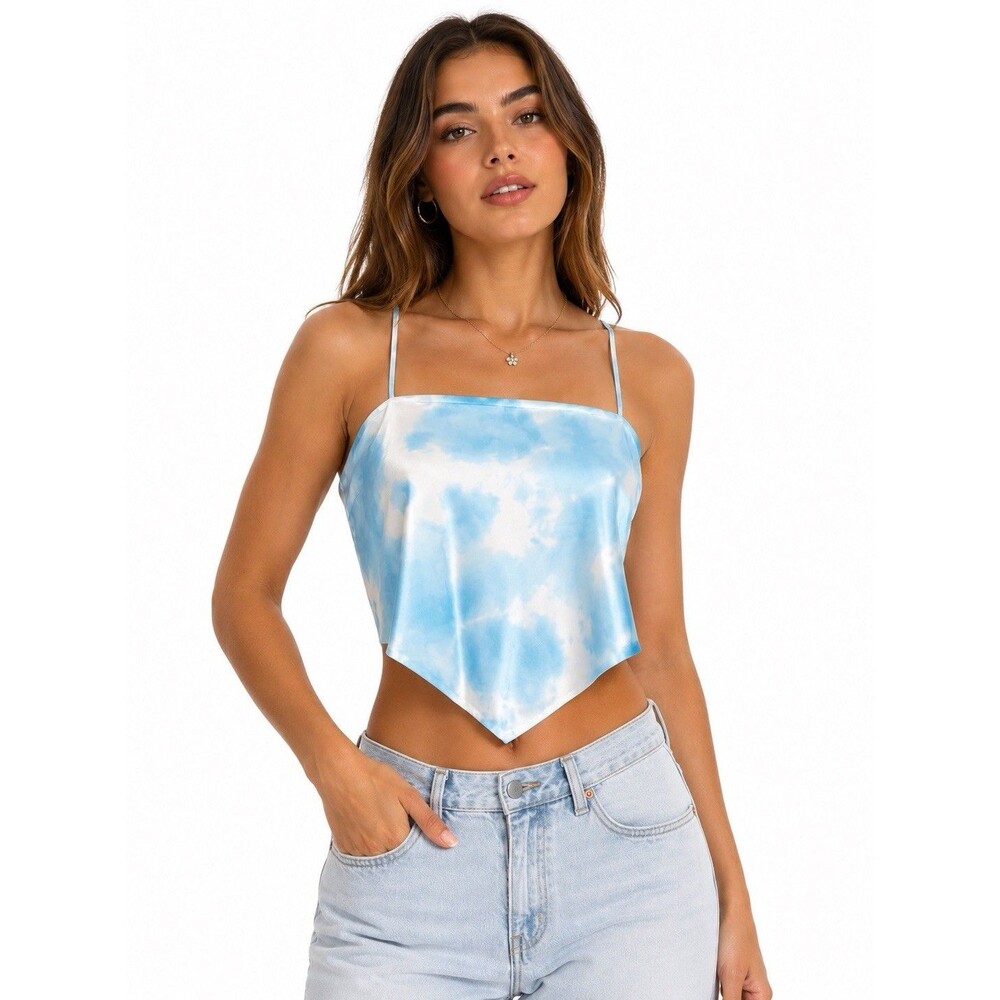 Blue Tie Dye Satin Handkerchief Crop Top Womens Large Y2K Fairy Coquette Cloud